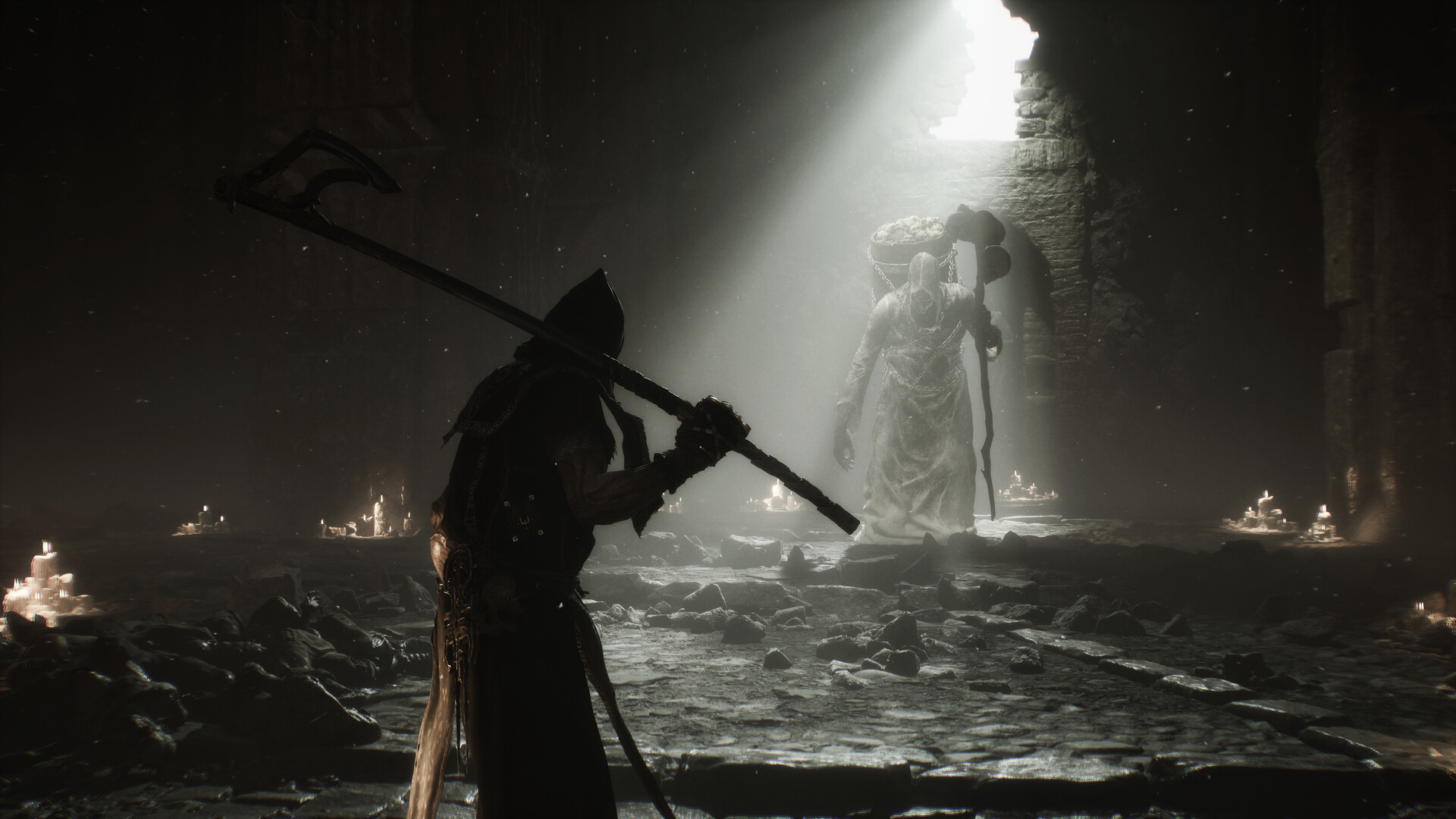 Mortal Shell II warrior confronting an enemy in a ruined candlelit chamber
